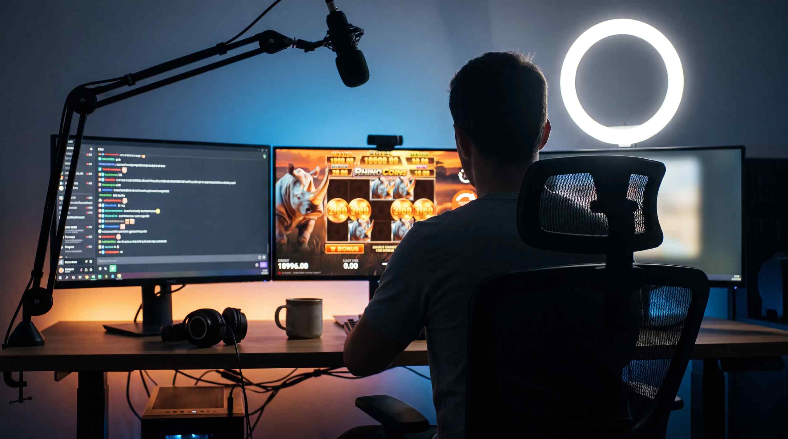 A man in a studio streaming slots play on his desktop computer.